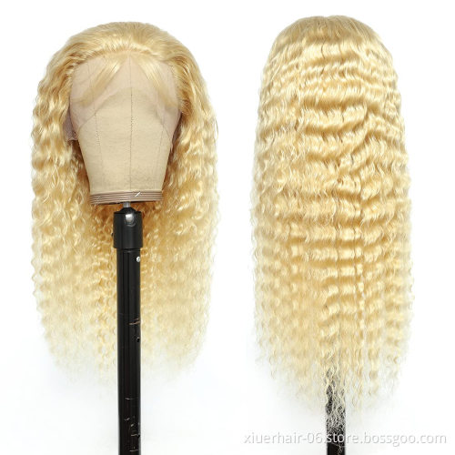 Free Sample Custom Brazilliin Humana Deep Curls Swiss 613 4X4 Closure 40 Blonde Straight 1B 37 Lace Front Human Wigs